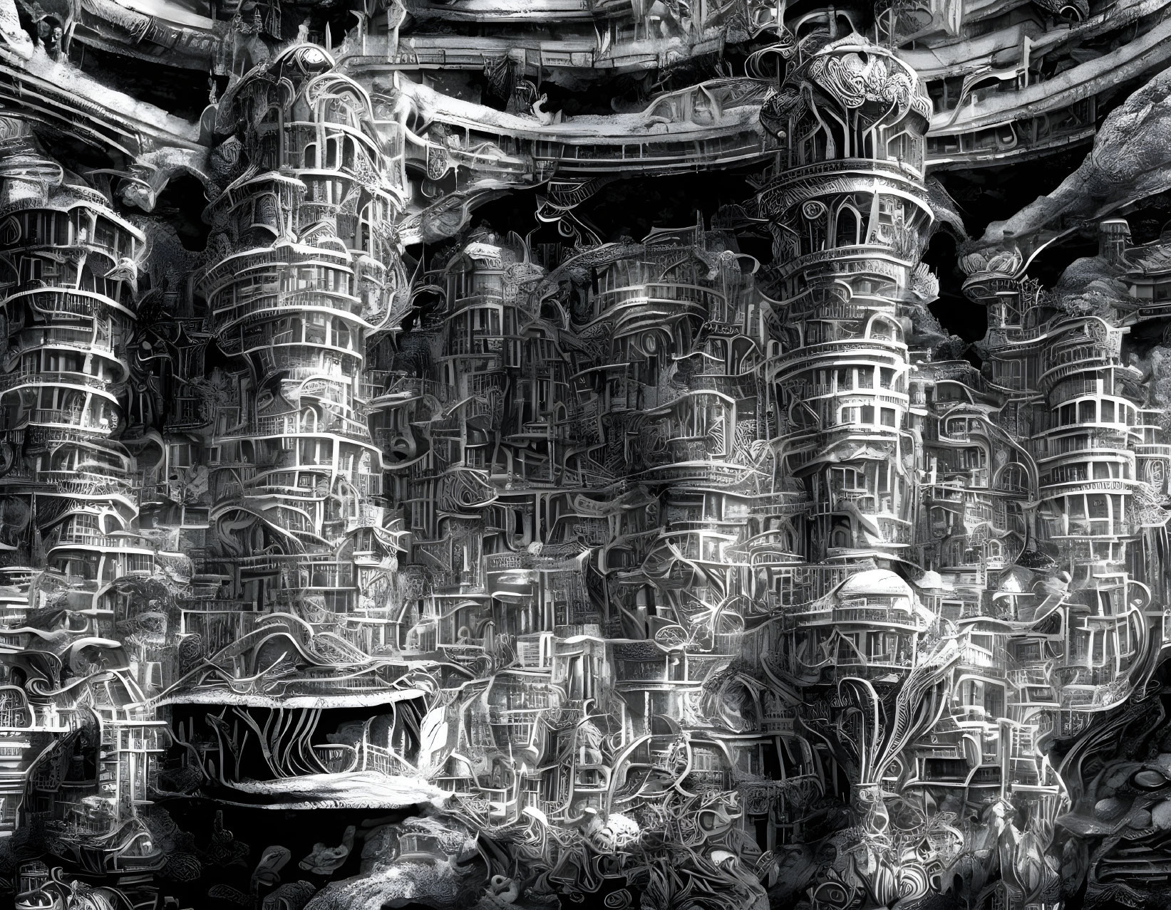 Detailed Monochrome Futuristic Architectural Artwork