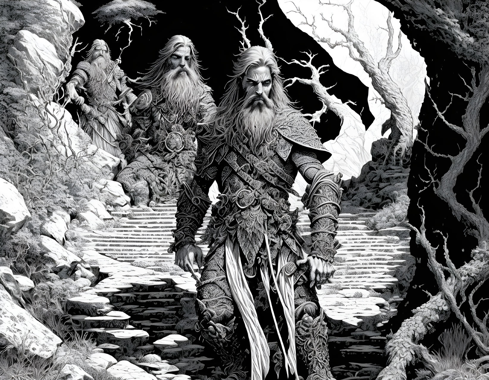 Monochrome fantasy illustration of three bearded wizards on rocky path