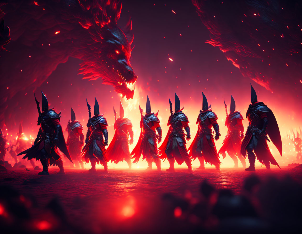 Armored warriors and dragon under fiery sky.