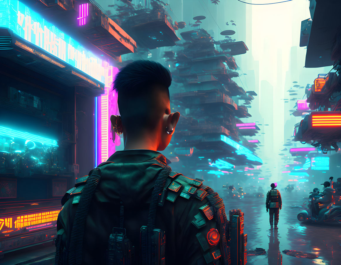 Person with Mohawk Hairstyle in Detailed Jacket in Neon-lit Futuristic Cityscape