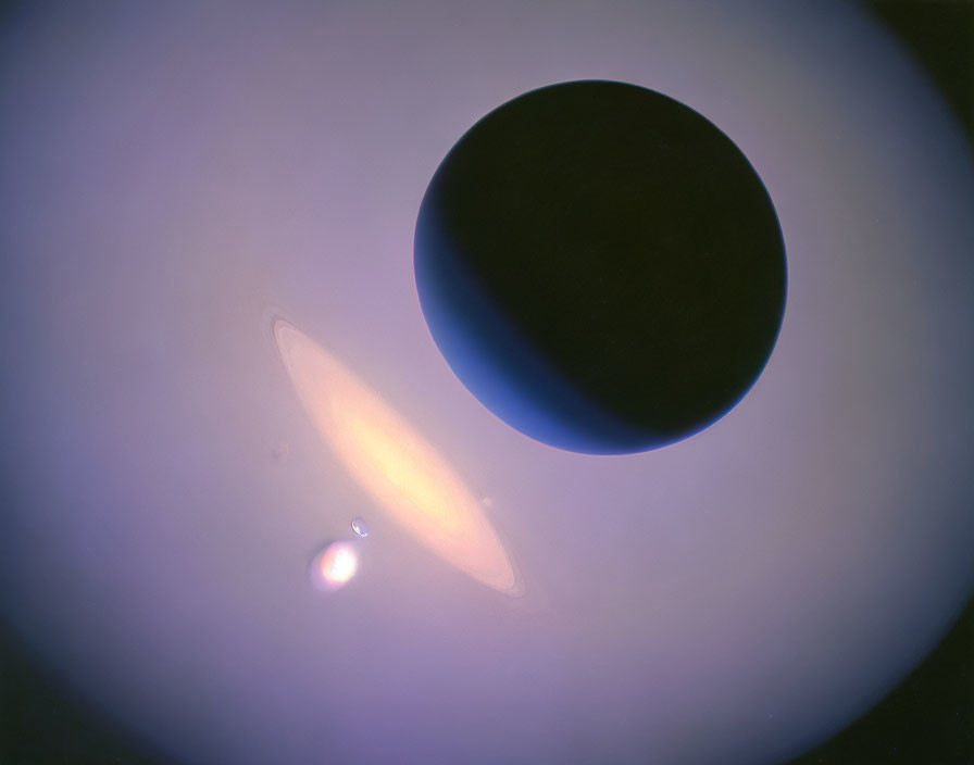 Silhouetted planetary body with star, galaxy, and celestial object in hazy glow