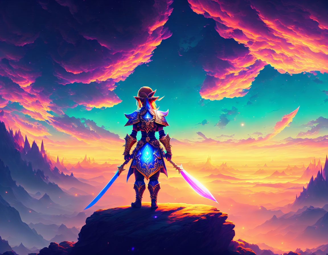 Warrior in ornate armor with glowing blue sword and shield under surreal sky