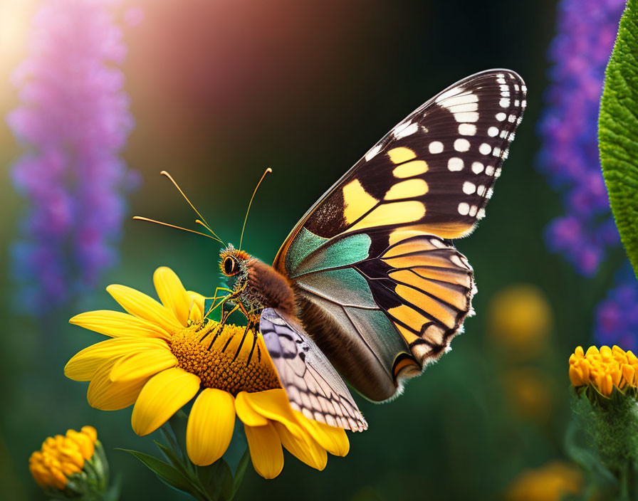 Colorful Butterfly Resting on Yellow Flower in Vibrant Garden