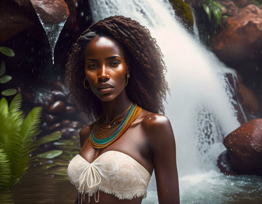 Woman with braided hair and beaded necklace near waterfall surrounded by rocks and greenery