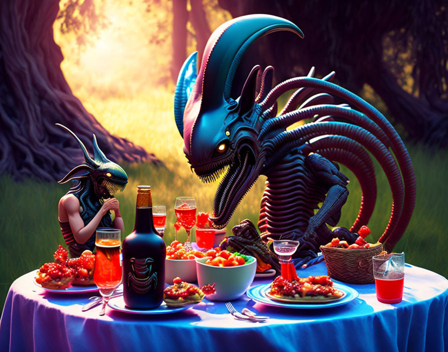 Extraterrestrial creatures picnic with food and drinks in sunny forest.