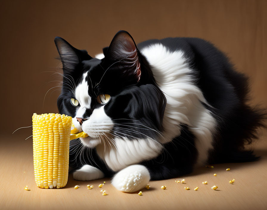 Black and White Cat Eating Corn Kernels on Wooden Surface