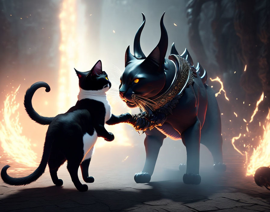 Black and white cat faces fantastical cat with horns and jewelry in fiery scene