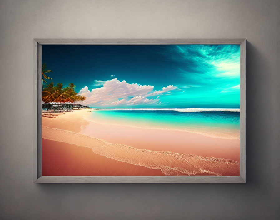 Tropical beach scene with palm trees and clouds on gray wall