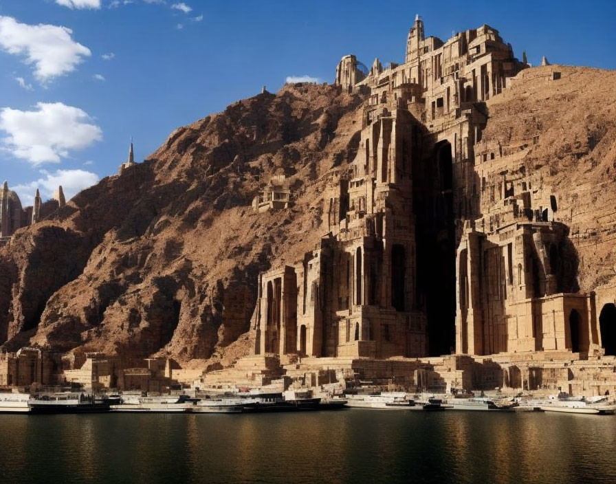 Castle-like structure on rocky cliff by calm water with docked boats