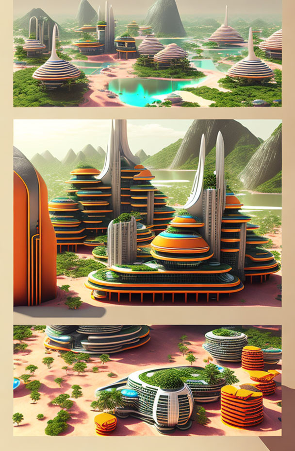 Futuristic cityscape with terraced dome-like buildings in lush greenery.