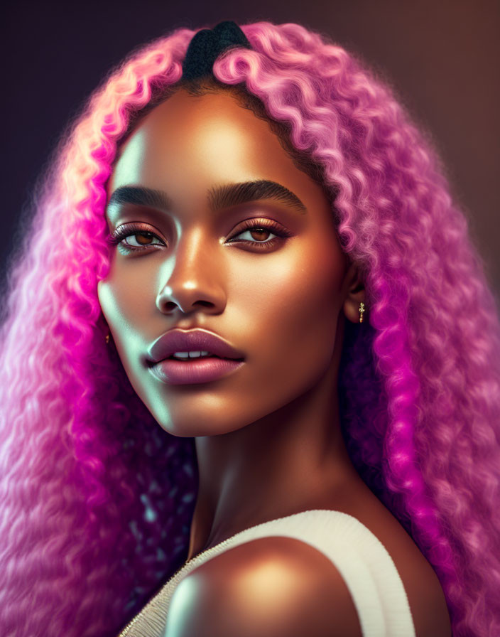 Pink Curly Hair Woman Poses with Striking Makeup on Gradient Background