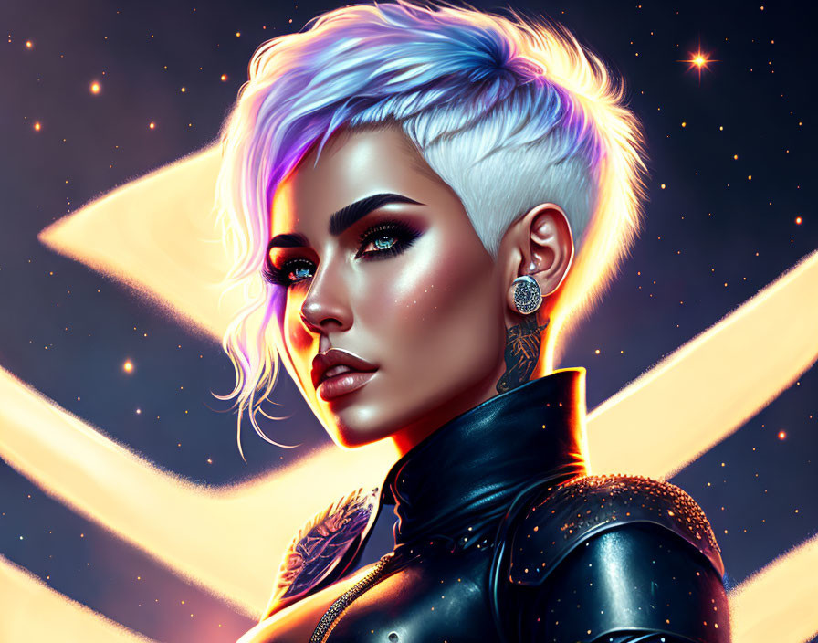 Digital artwork: Woman with white and purple hair in futuristic outfit against cosmic background