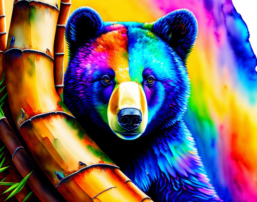 Colorful Bear Beside Bamboo Shoots on Multi-Hued Background