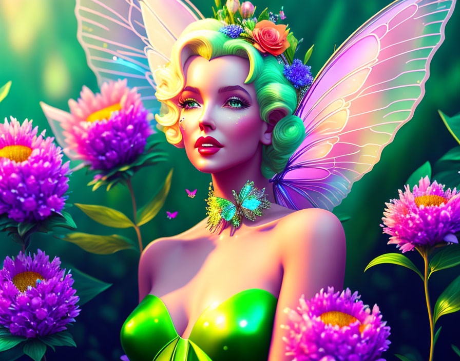 Colorful Fairy Illustration Surrounded by Lush Flowers