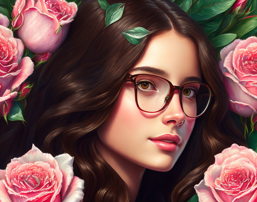 Digital Artwork: Woman with Long Wavy Hair, Glasses, Pink Roses, and Green Foli