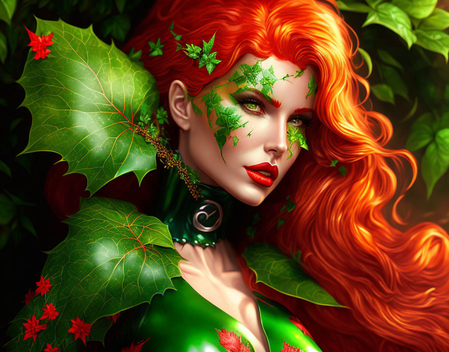 Illustration of Woman with Red Hair and Green Leafy Embellishments