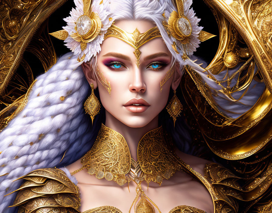 Regal woman fantasy illustration with gold armor and intricate white floral details