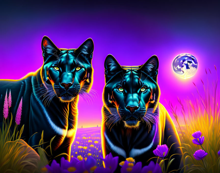 Vibrant neon-colored panthers in fantastical purple field with glowing moon