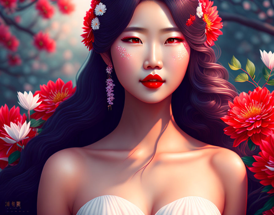 Illustrated portrait of woman with flowers in hair and red blossoms, long dark hair, red lips