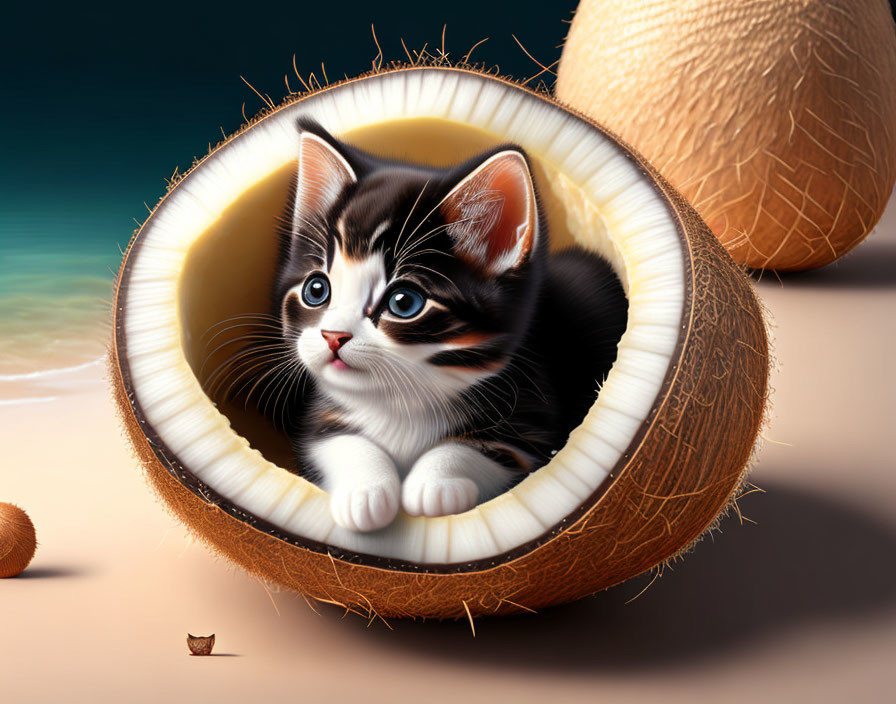 Adorable kitten in coconut shell with serene sky background