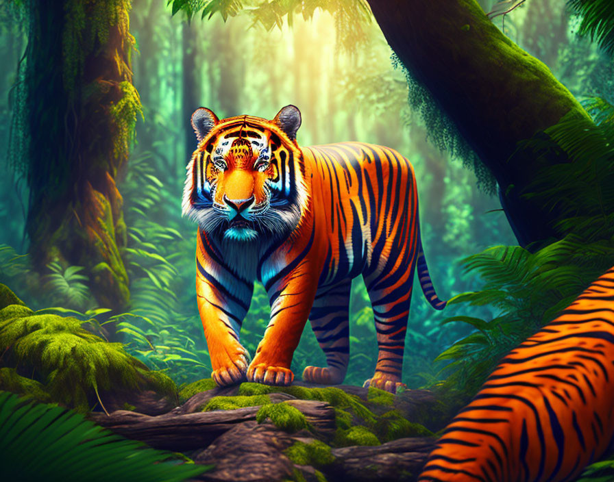 Majestic tiger in vibrant jungle with sunlight filtering through foliage