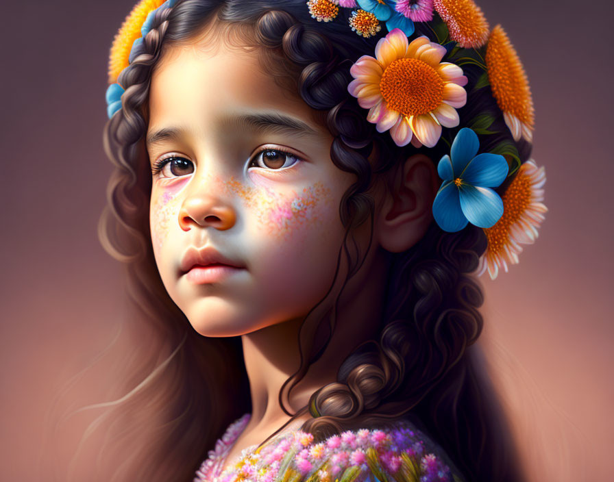 Detailed portrait of young girl with flowers in hair and curly locks.