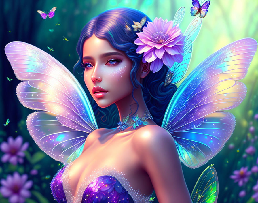 Fantastical female character with iridescent butterfly wings in a luminescent forest