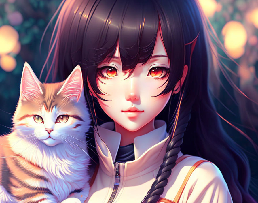 Anime-style girl with expressive eyes and black hair with orange tabby cat in warm glowing lights