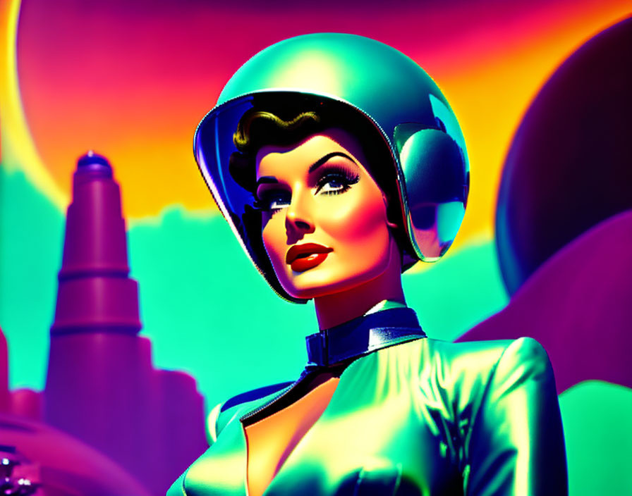 Colorful retro-futuristic image of stylized female figure with bold makeup and shiny helmet against smooth