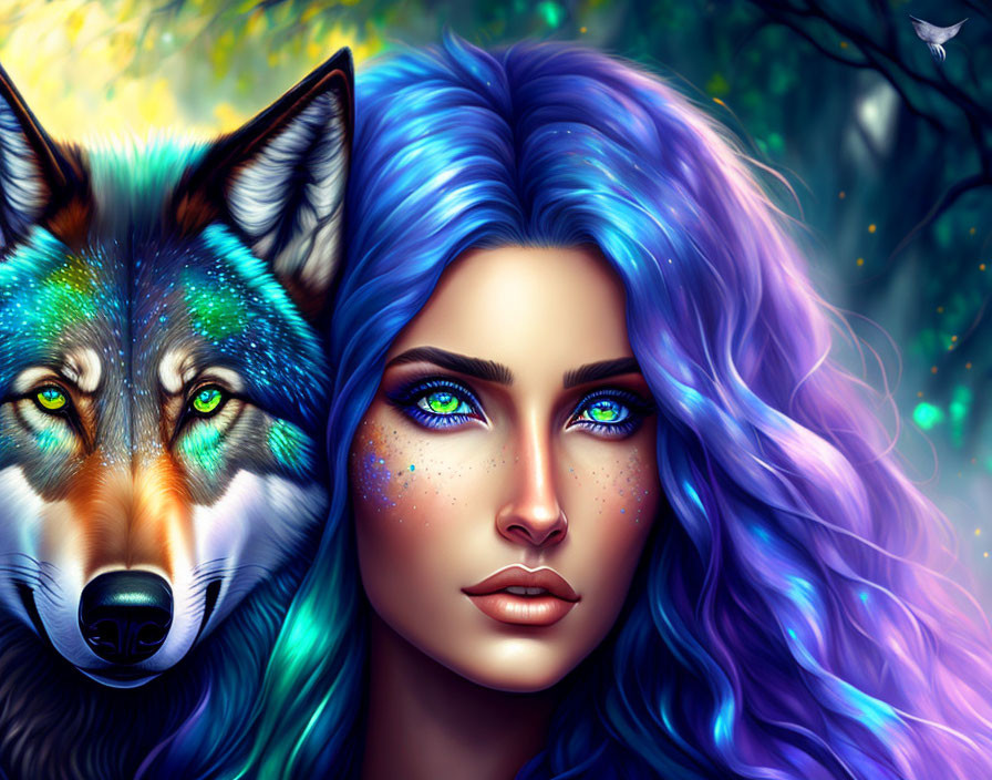 Digital Artwork: Woman with Blue Hair and Wolf in Mystical Forest