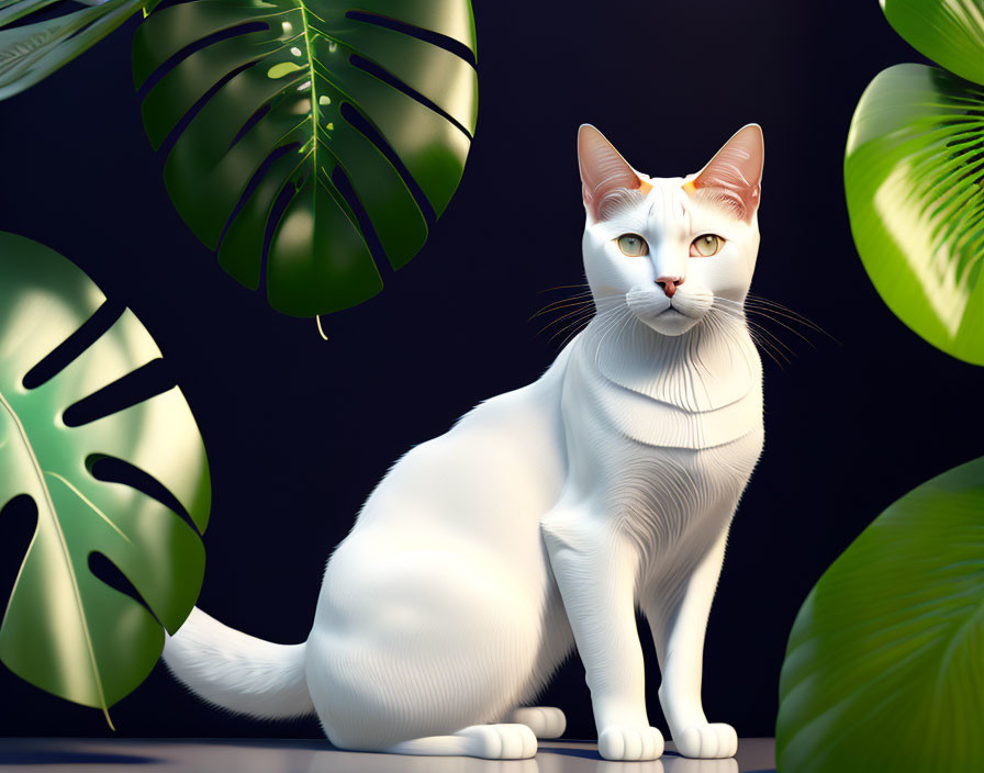 White Cat with Yellow Eyes Among Green Monstera Leaves on Dark Background