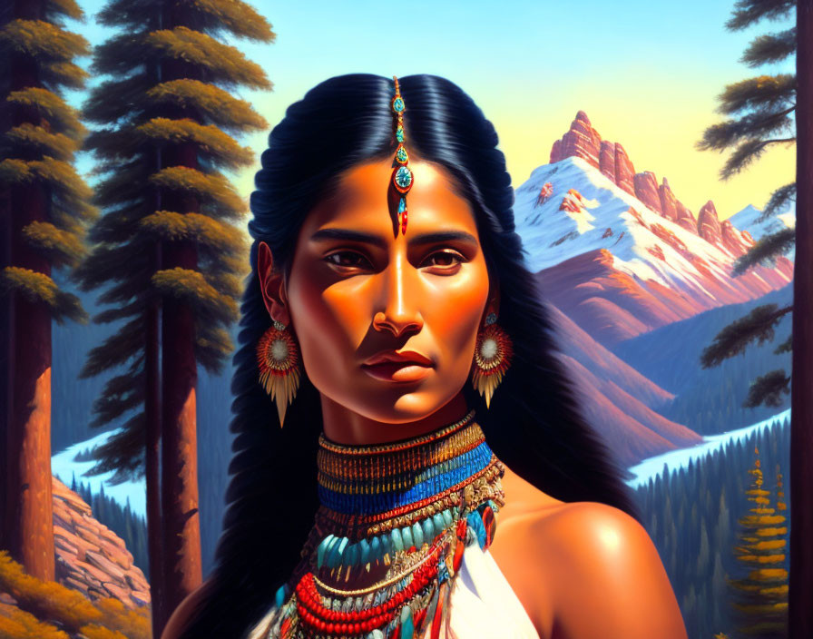 Native American Woman in Traditional Jewelry Against Sunset Landscape