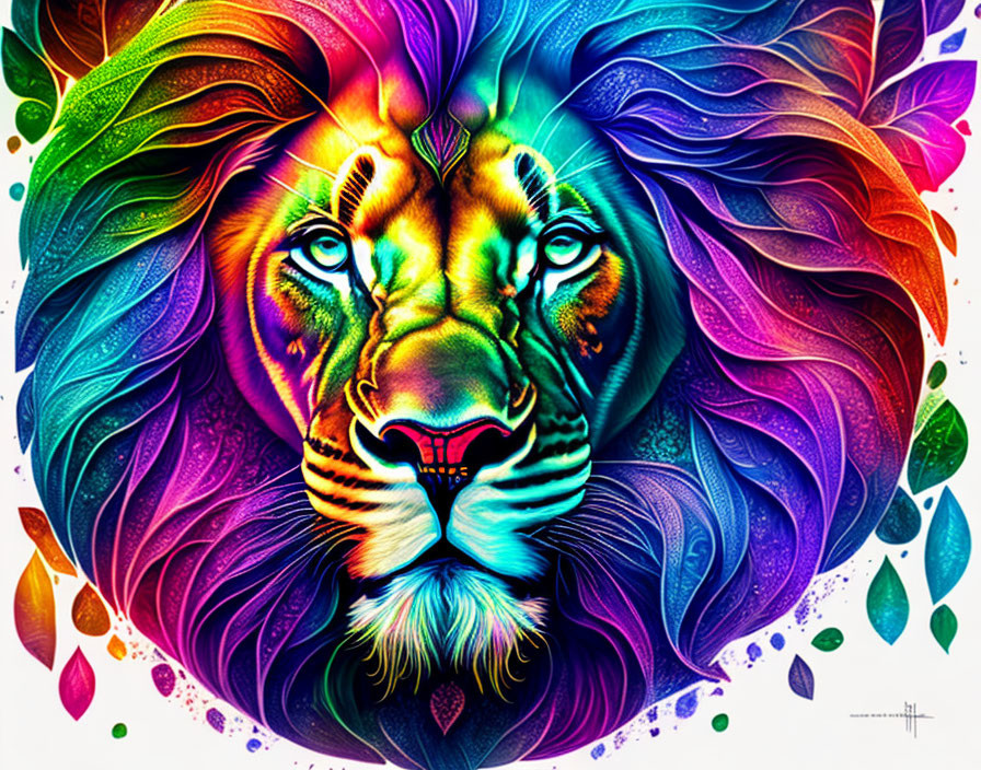 Colorful Digital Illustration: Symmetrical Rainbow Lion with Vibrant Mane