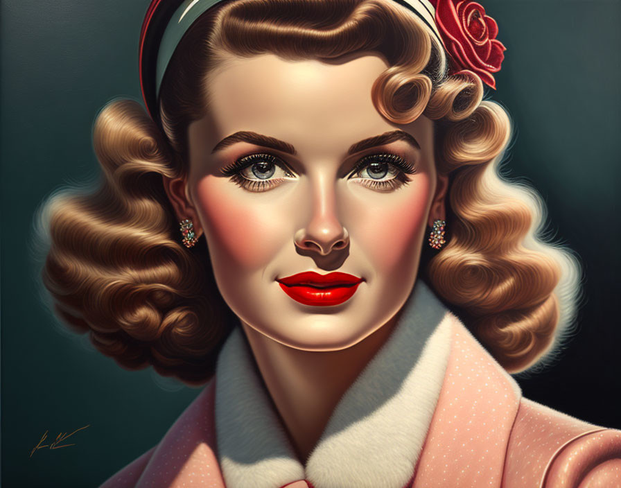 Classic 1940s vintage portrait of a woman with wavy hair, red lipstick, rose accessory