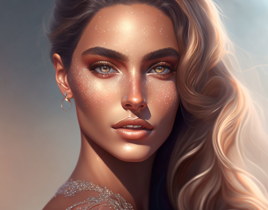 Digital artwork featuring woman with fair skin, freckles, green eyes, wavy blonde hair,