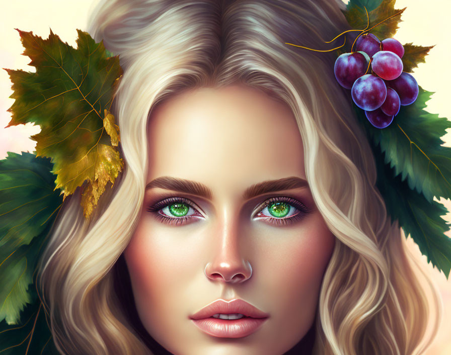 Portrait of Woman with Green Eyes and Grapevine Leaves in Blonde Hair