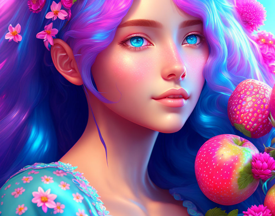 Colorful Female Illustration with Blue Hair and Pink Flowers