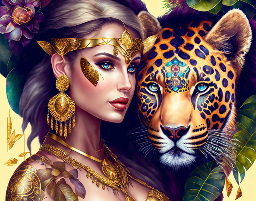 Digital artwork featuring woman with gold jewelry and jaguar against floral backdrop