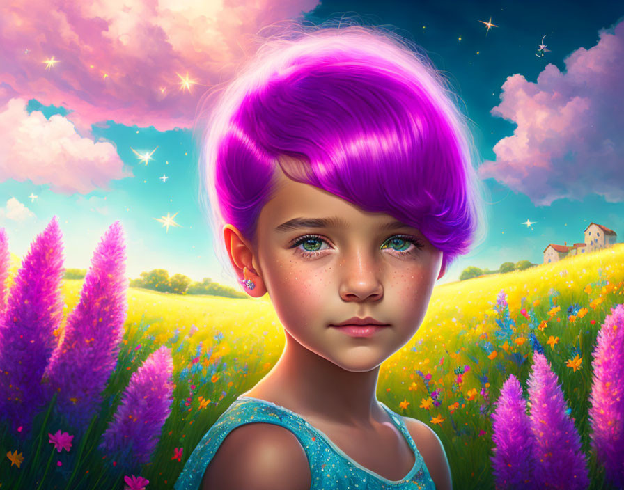 Vibrant purple-haired girl in colorful meadow at sunset with twinkling stars.