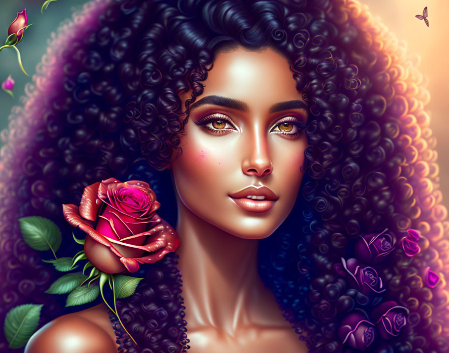 Digital artwork: Woman with curly hair, rose, butterflies, and roses, emphasizing captivating eyes.