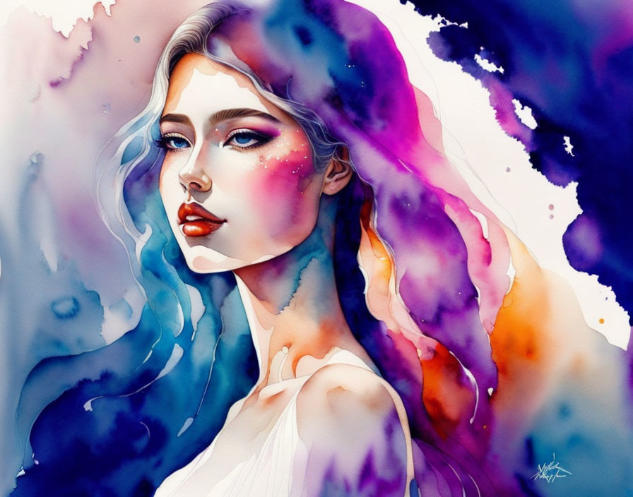 Vivid Watercolor Portrait of Woman with Purple and Blue Hair