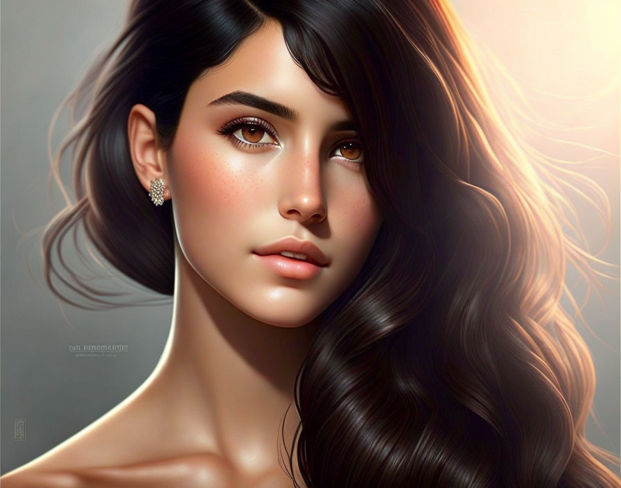 Portrait of woman with dark hair, radiant skin, amber eyes, and sparkling earring