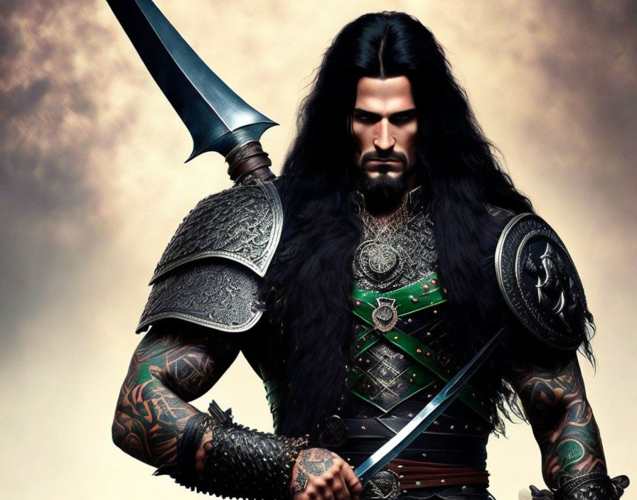 Fantasy warrior digital art with black hair, metal armor, and large sword