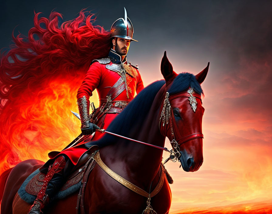 Vibrant red uniform rider on fierce horse against fiery backdrop