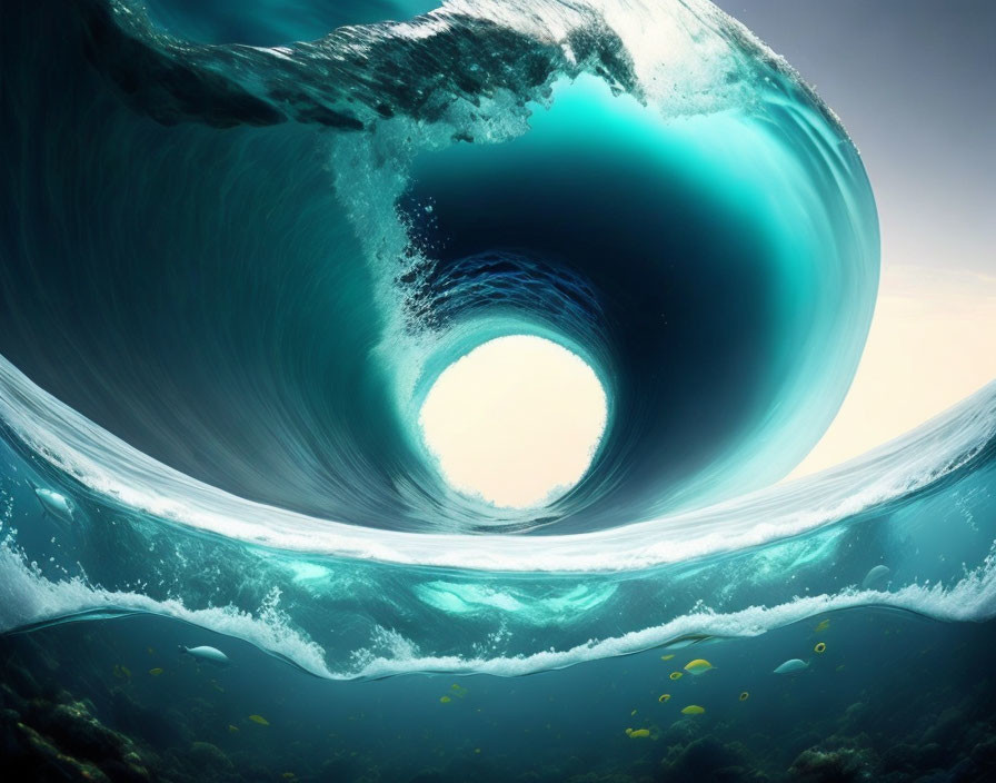 Enormous wave forming tunnel with fish in clear blue water