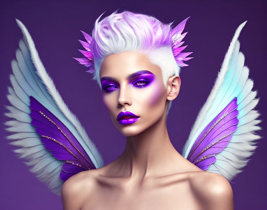 Person with White and Purple Spiked Hair, Intense Makeup, and Feathered Wings