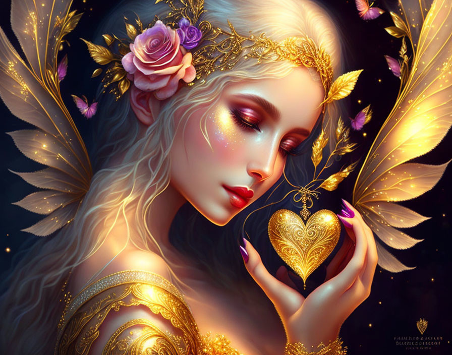 Golden-winged fantasy character with heart and tiara in mystical setting.