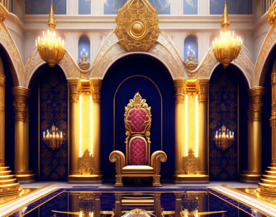 Opulent royal throne room with golden details and red throne