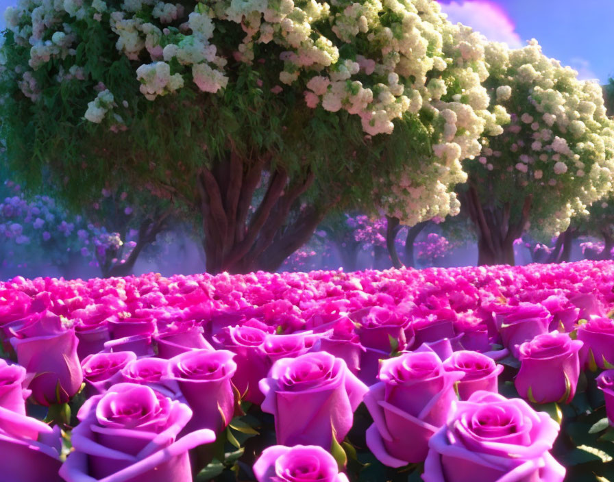 Pink roses and white blossoms in a vibrant field under purple light