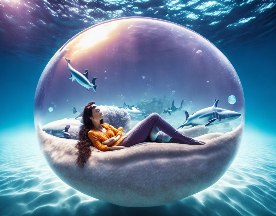 Woman relaxing in underwater bubble with sharks and fish under sunlight